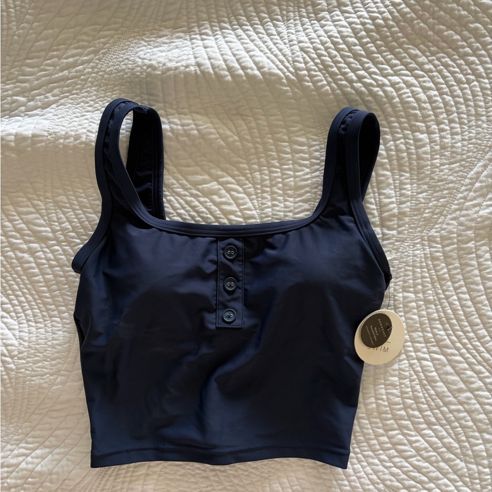 DownEast Navy Blue Tank Bikini Top with Button Detail